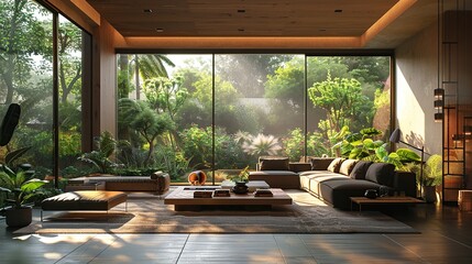 Fototapeta premium Tranquil Garden Views: Morning Light in Contemporary Living Room