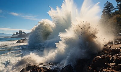 Powerful Wave Crashing Into Rocky Shore