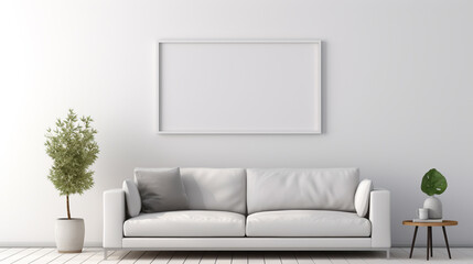 A minimalist living room with crisp white walls, a simple gray sofa, and a blank white frame mockup leaning against a white floating shelf.