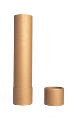 Brown cardboard cylinder tube for shipping isolated on white background. Top removed