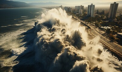 Large Wave Crashing Into City