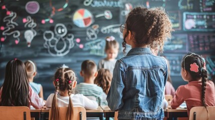 Teacher in classroom with students, writing on chalkboard, interactive lesson, diverse group of children, educational environment, bright and engaging, copy space.