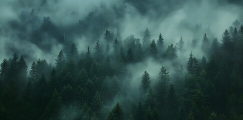 Mysterious Misty Forest Aerial View of Dense Green Trees Against Soft Grey Clouds, Capturing Nature's Beauty