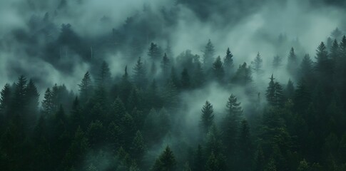 Obraz premium Mysterious Misty Forest Aerial View of Dense Green Trees Against Soft Grey Clouds, Capturing Nature's Beauty