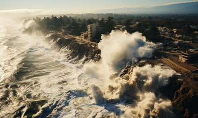 Aerial View of Waves Crashing on Beach
