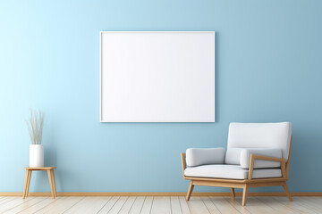 A minimalist room with a burst of sky blue on one wall, featuring simple furniture and an empty white frame mockup.
