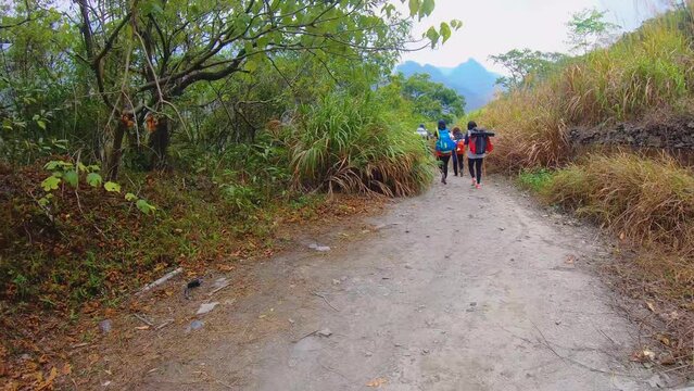 walking along the dirt gravel mud dry privative road with gigantic boulder rock fall in the middle of road with green vegetation bush silver grass at side with hikers gather in front during day time