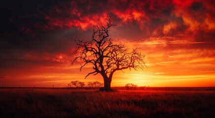silhouette of a lone tree against fiery sunset