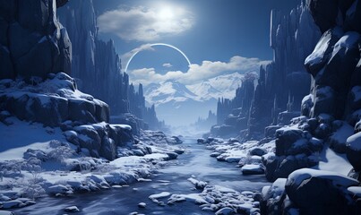 Moonlit Snowy Landscape With Stream
