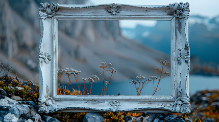 white empty frame picture is on stone wall background