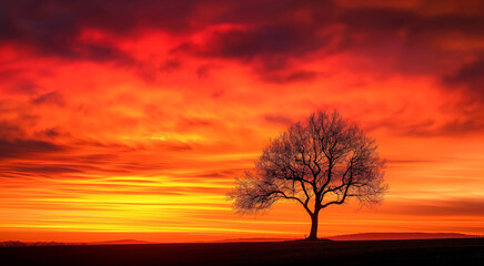 Fototapeta premium silhouette of a lone tree against fiery sunset