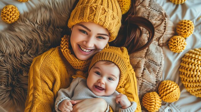 Joyful mother and three month old baby bonding on bed with plush toys and blankets