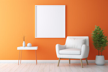 A minimalist room with a burst of tangerine on one wall, featuring simple furniture and an empty white frame mockup.