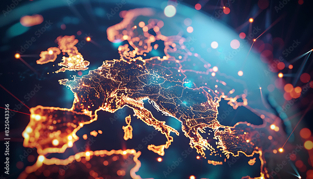 Fototapete digital globe centered on europe with glowing lights and connecting lines, symbolizing data transfer