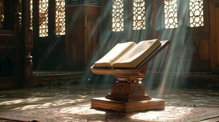 Open Holy Quran with luminous light rays, supported by an ornately carved wood stand, calm and sacred scene