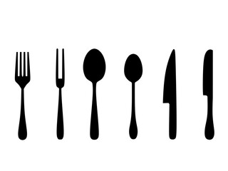 Set of Cutlery collection. Fork, tablespoon, teaspoon, and different knifes. Tableware. Hand drawn vector illustration. Silhouette Kitchen utensils.