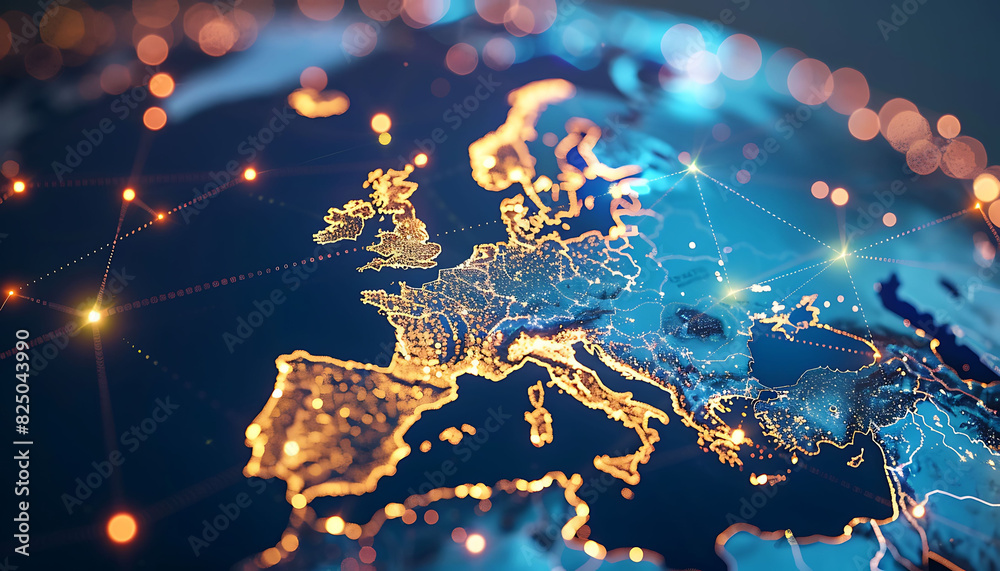 Fototapete digital globe centered on europe with glowing lights and connecting lines, symbolizing data transfer