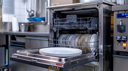 A commercial kitchen dishwasher machine with its door open, displaying clean plates and cutlery, highlighting the role of industrial cleaning equipment in food service settings.
