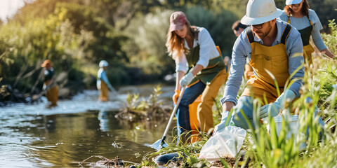 A group of volunteers is joining forces to clean a river from plastic pollution on a bright and sunny day