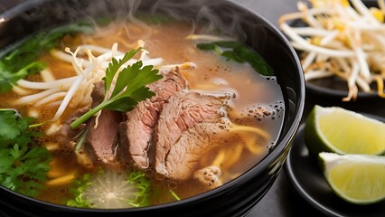 A mouth-watering food photography of a traditional Vietnamese Pho dish
