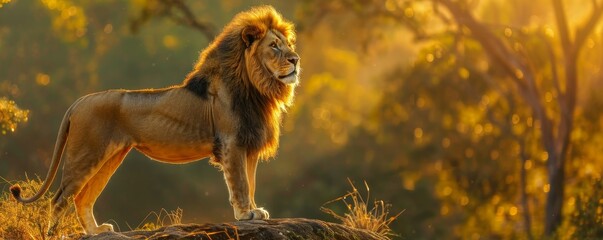 Majestic lion standing on a rock, looking into the distance, golden mane, savanna background, sunlight casting shadows, wild and powerful, copy space.