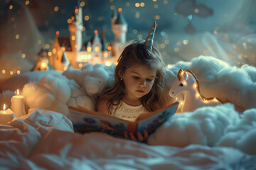 girl reading fairy tales with unicorn and castle on the cloud on the dreamy blurred background in bed
