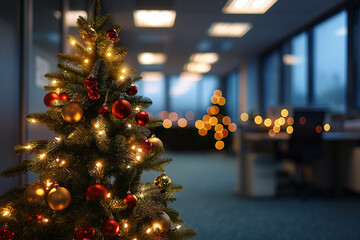 Christmas Tree in modern office near big window and building view in city