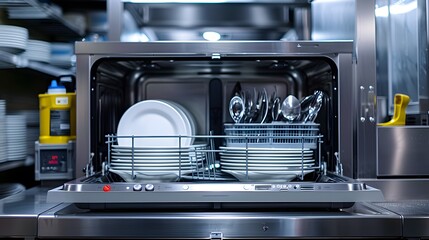A commercial kitchen dishwasher machine with its door open, displaying clean plates and cutlery, highlighting the role of industrial cleaning equipment in food service settings.

