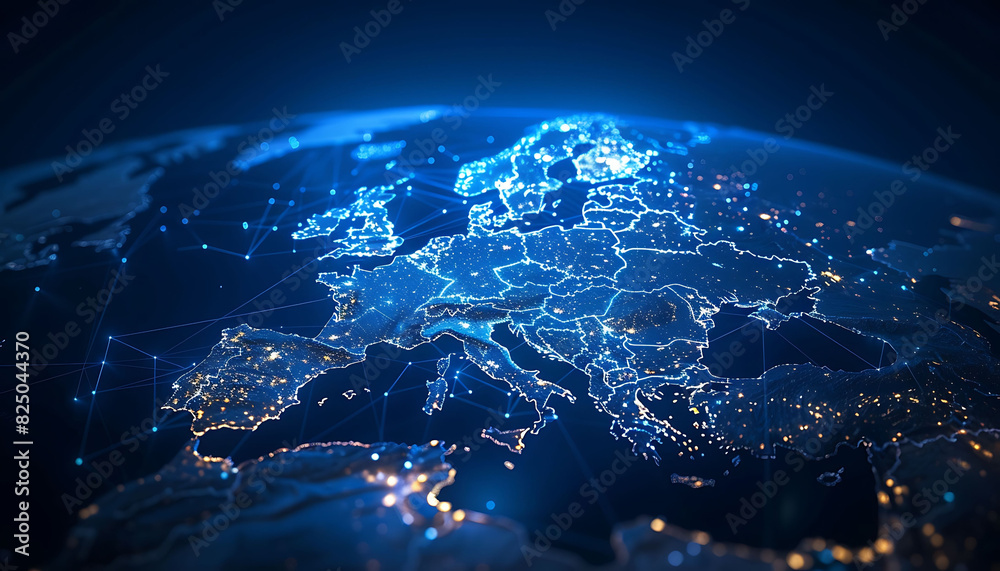 Aufkleber futuristic digital globe focused on europe, showcasing bright lights and lines representing data exc