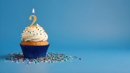Whipped cream topped birthday cupcake with sprinkles, candles, and number 2, isolated on blue background with space for text