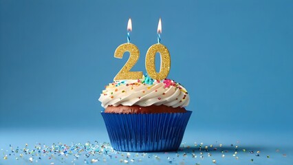 Colorful birthday cupcake with whipped cream, sprinkles, candles, and number 20, isolated on blue background