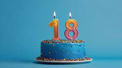 18th birthday cake with blue frosting, colorful sprinkles, and burning candles, isolated on blue background