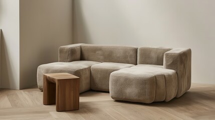 Modern interior design of a living room with an empty wall mockup, wooden floor and grey sofa. Scandinavian home interior design of a modern minimalistic entrance hall in a house or apartment.