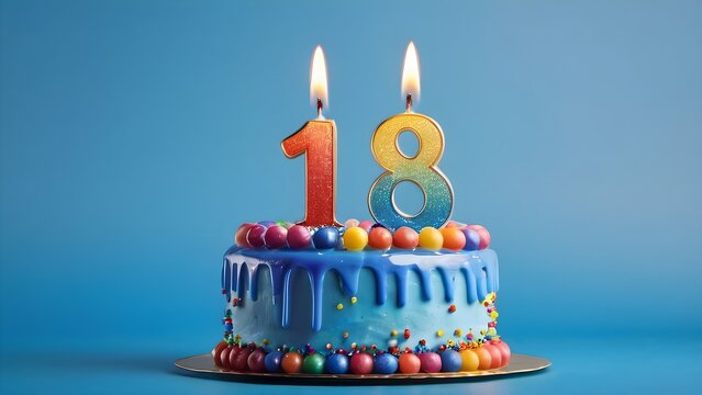 Birthday cake with blue icing, colorful sprinkles, and lit candles, 18th birthday celebration concept, isolated on blue background - Powered by Adobe