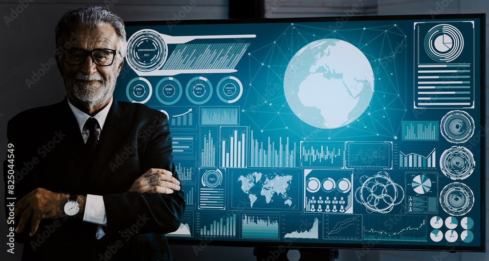 Poster data analysis for business and finance concept. interface showing future computer technology of prof