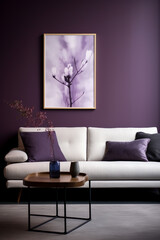 A minimalist setup with a deep purple accent wall, a neutral-toned couch, and a blank white frame as a focal point