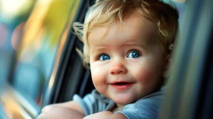 portrait cheerful of baby in the window of car