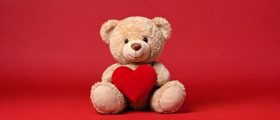 Obraz premium Adorable teddy bear with red heart isolated on red background