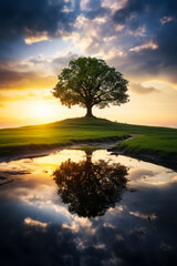 Tree is reflected in puddle of water at sunset.