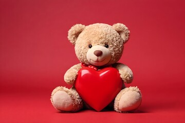 Cute tedy bear holding red heart, isolated on red background
