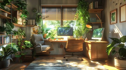 Fototapeta premium Tranquil Home Office: Soft Furnishings and Green Plants