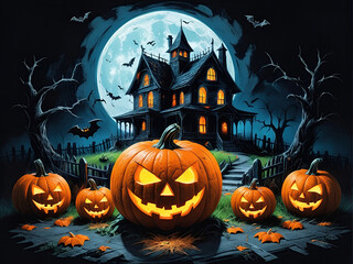 Halloween jack o lanterns on various creepy background