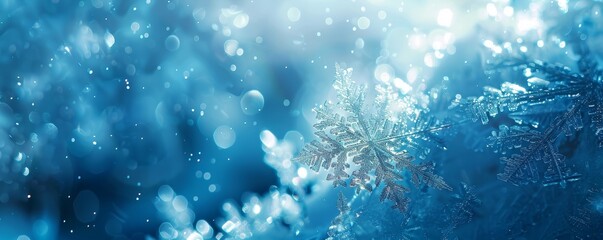 Beautiful background with a closeup of ice crystals on window glass, a macro shot of a snowflake in a winter landscape. A winter nature concept. Blue color.