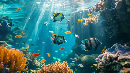 Colorful tropical fish swimming in a coral reef, vibrant marine life, clear blue water, underwater scenery, diverse species, natural beauty, copy space.