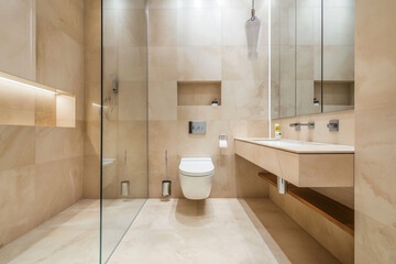 Bathroom interior, Minimalistic Italian design, Natural stone textures,
