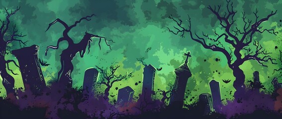 Fototapeta premium Eerie Halloween Inspired Background with Spooky Silhouettes and Glowing Gradient Sky