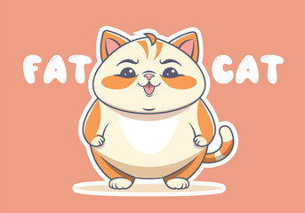 Vector chubby cute cartoon ginger fat cat. Good domestic friendly smiling pet. Sticker. Isolated background.