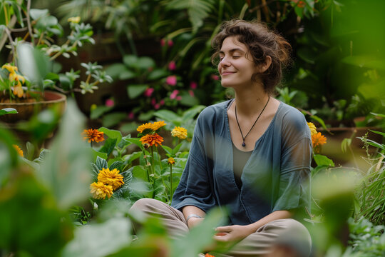 A woman smiling as she practices mindfulness meditation in a peaceful garden, surrounded by colorful flowers and lush greenery.