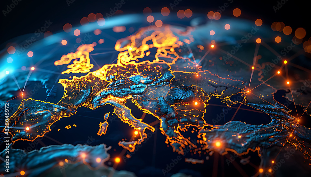 Aufkleber Advanced digital globe focusing on Europe, featuring illuminated lines and points representing global network connections and data transfer, emphasizing cyber technology
