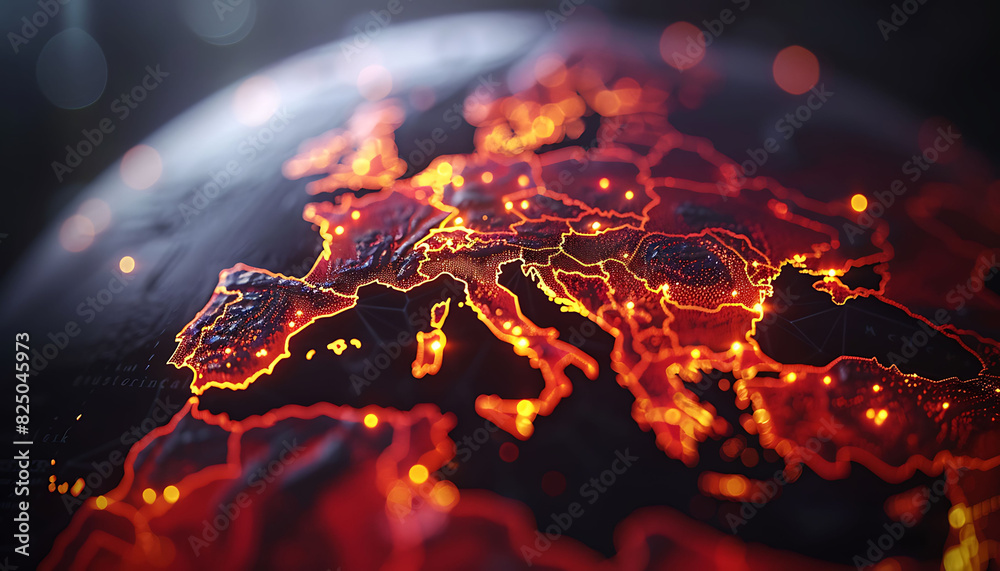 Poster Advanced digital globe focusing on Europe, featuring illuminated lines and points representing global network connections and data transfer, emphasizing cyber technology